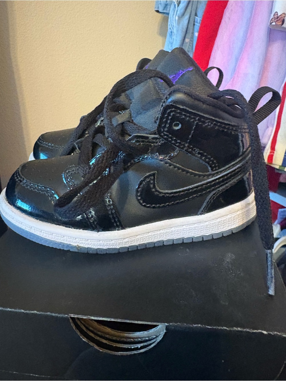 Nike Kids Black Patent Leather High-Top Sneakers with Purple Logo